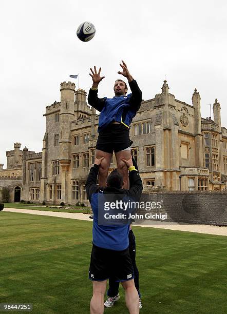 Bath Rugby players led by Danny Grewcock have a training session at a press conference to unveil Farleigh House, on the outskirts of Bath, as the...