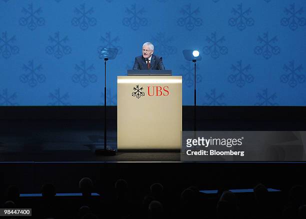 Kaspar Villiger, chairman of the board of directors of UBS AG, speaks at the bank's annual shareholders' meeting in Basel, Switzerland, on Wednesday,...