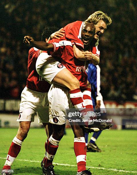 Richard Rufus of Charlton is congratulated by his team mates after scoring the second goal during the FA Carling Premiership match between Charlton...