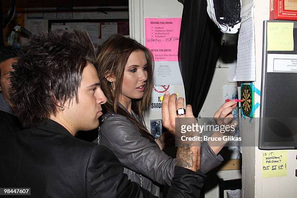 Ryan Cabrera and girlfriend Audrina Patridge play darts backstage at hit rock musical "Rock of Ages" on Broadway at The Brooks Atkinson Theater on...