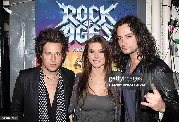 Ryan Cabrera, girlfriend Audrina Patridge and Constantine Maroulis pose backstage at hit rock musical "Rock of Ages" on Broadway at The Brooks...