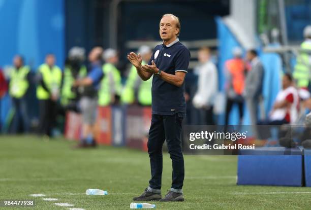 Gernot Rohr, Manager of Nigeria gestures during the 2018 FIFA World Cup Russia group D match between Nigeria and Argentina at Saint Petersburg...