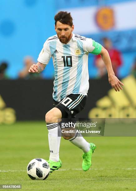 Lionel Messi of Argentina in action during the 2018 FIFA World Cup Russia group D match between Nigeria and Argentina at Saint Petersburg Stadium on...