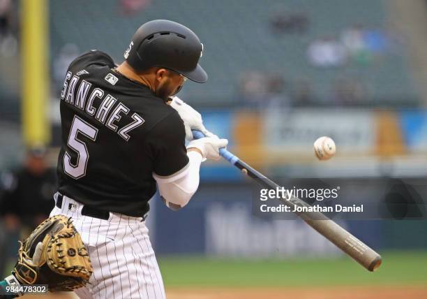 Yolmer Sanchez of the Chicago White Sox bats against the Oakland Athletics at Guaranteed Rate Field on June 22, 2018 in Chicago, Illinois. The...
