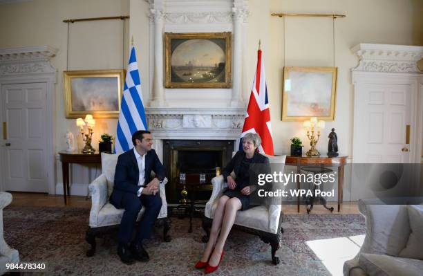 Prime Minister Theresa May holds talks with her Greek counterpart Prime Minister Alexis Tsipras at No 10 Downing Street on June 26, 2018.