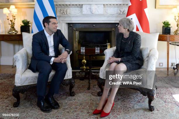 Prime Minister Theresa May holds talks with her Greek counterpart Prime Minister Alexis Tsipras at No 10 Downing Street on June 26, 2018.