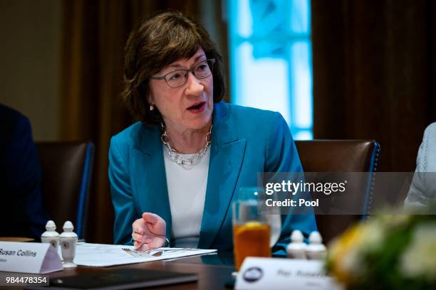 Sen. Susan Collins attends a lunch meeting for Republican lawmakers in the Cabinet Room at the White House June 26, 2018 in Washington, DC. The...