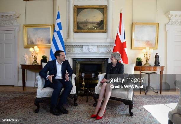 Prime Minister Theresa May holds talks with her Greek counterpart Prime Minister Alexis Tsipras at No 10 Downing Street on June 26, 2018.