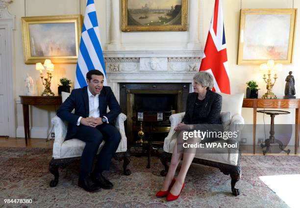 Prime Minister Theresa May holds talks with her Greek counterpart Prime Minister Alexis Tsipras at No 10 Downing Street on June 26, 2018.