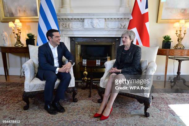 Prime Minister Theresa May holds talks with her Greek counterpart Prime Minister Alexis Tsipras at No 10 Downing Street on June 26, 2018.