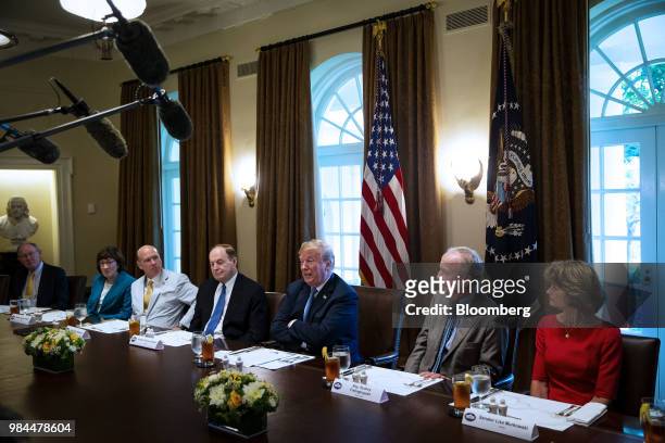 President Donald Trump, center, speaks during a lunch meeting with Republican lawmakers in the Cabinet Room of the White House in Washington, D.C.,...