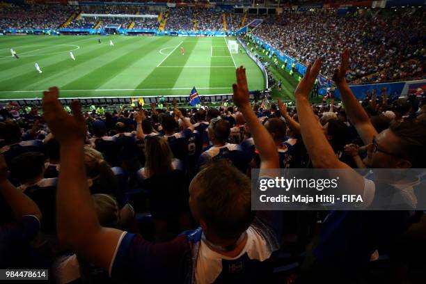 General view inside the stadium as Iceland fans show their support during the 2018 FIFA World Cup Russia group D match between Iceland and Croatia at...