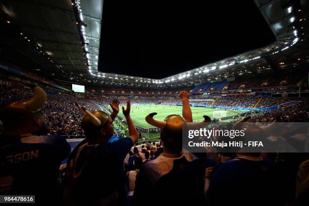 General view inside the stadium as Iceland fans show their support during the 2018 FIFA World Cup Russia group D match between Iceland and Croatia at...