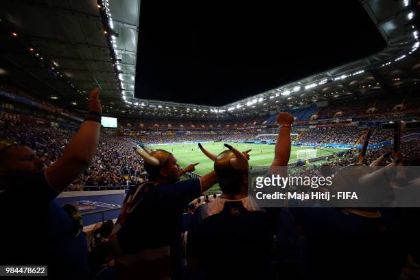 General view inside the stadium as Iceland fans show their support during the 2018 FIFA World Cup Russia group D match between Iceland and Croatia at...