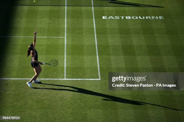 Great Britain's Johanna Konta in action in her doubles match during day three of the Nature Valley International at Devonshire Park, Eastbourne.