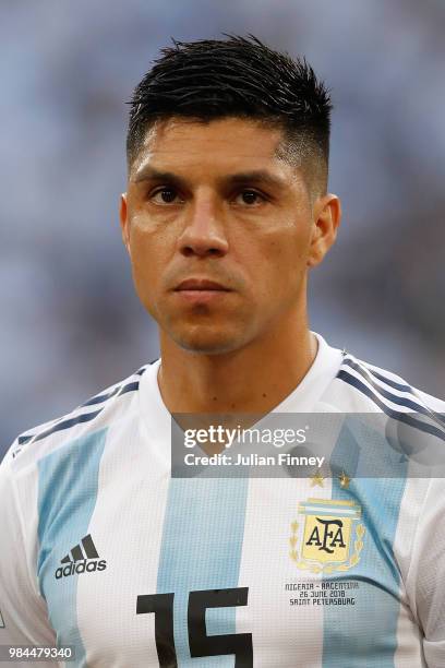 Enzo Perez of Argentina lines up prior to the 2018 FIFA World Cup Russia group D match between Nigeria and Argentina at Saint Petersburg Stadium on...