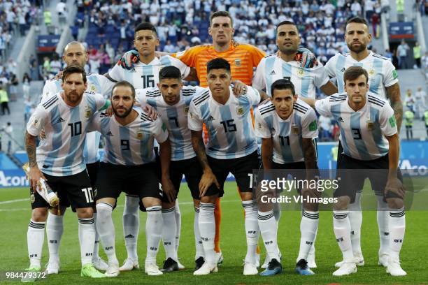 Back row Javier Mascherano of Argentina, Marcos Rojo of Argentina, goalkeeper Franco Armani of Argentina, Gabriel Mercado of Argentina, Nicolas...