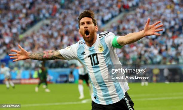 Lionel Messi of Argentina celebrates after scoring his team's first goal during the 2018 FIFA World Cup Russia group D match between Nigeria and...