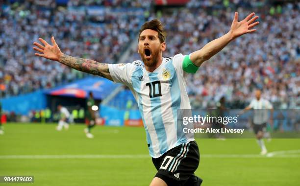 Lionel Messi of Argentina celebrates after scoring his team's first goal during the 2018 FIFA World Cup Russia group D match between Nigeria and...