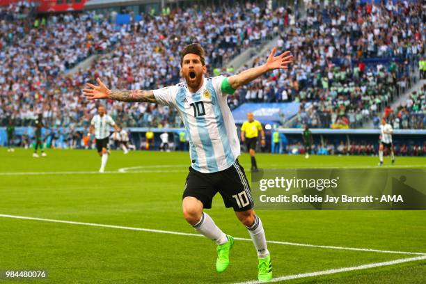 Lionel Messi of Argentina celebrates scoring a goal to make it 0-1 during the 2018 FIFA World Cup Russia group D match between Nigeria and Argentina...
