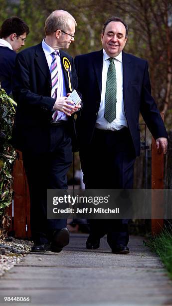 Leader Alex Salmond and SNP candidate John Mason meet with constituents on the campaign trail on April 14, 2010 in Glasgow, Scotland. The General...