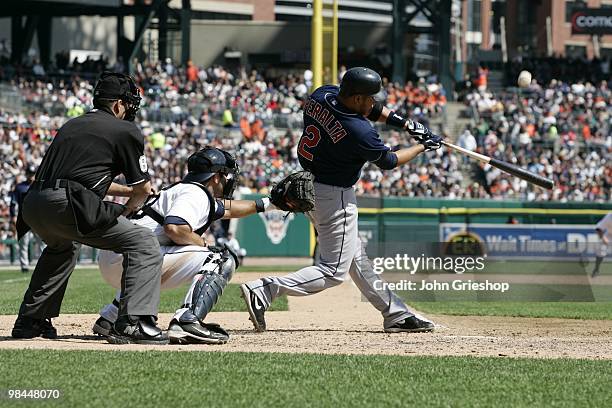 Jhonny Peralta of the Cleveland Indians bats during the game against the Detroit Tigers on Saturday, April 10 at Comerica Park in Detroit, Michigan....