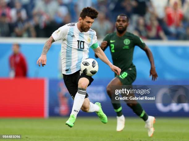 Lionel Messi of Argentina controls the ball during the 2018 FIFA World Cup Russia group D match between Nigeria and Argentina at Saint Petersburg...