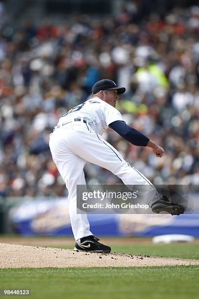 Jeremy Bonderman of the Detroit Tigers delivers a pitch during the game between the Cleveland Indians and the Detroit Tigers on Saturday, April 10 at...