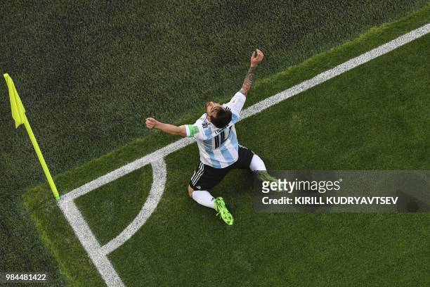 Argentina's forward Lionel Messi celebrates his goal during the Russia 2018 World Cup Group D football match between Nigeria and Argentina at the...