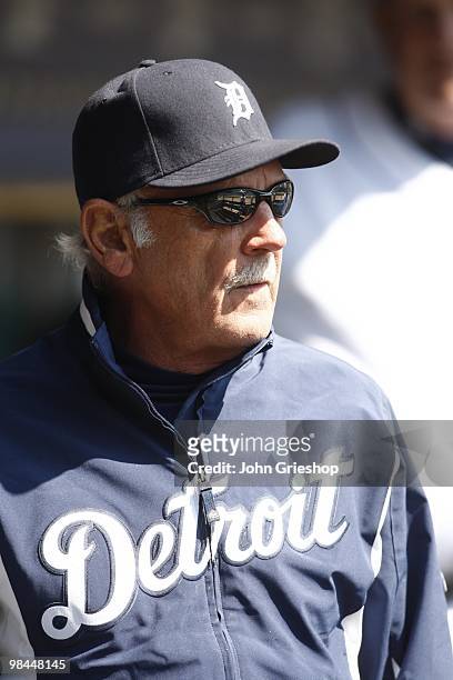 Manager Jim Leyland of the Detroit Tigers watches his team during the game between the Cleveland Indians and the Detroit Tigers on Saturday, April 10...