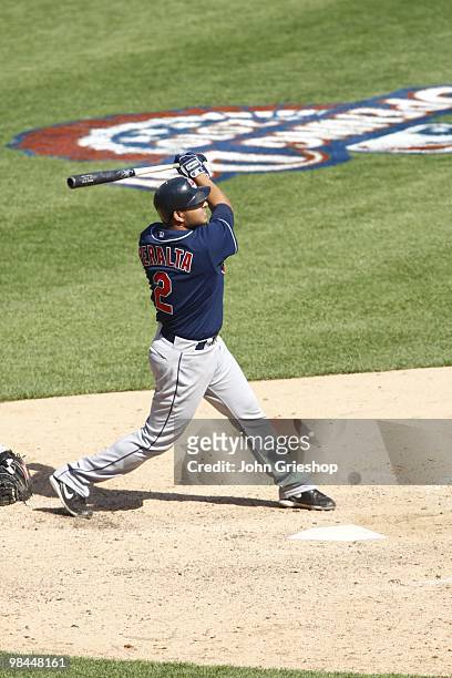 Jhonny Peralta of the Cleveland Indians bats during the game between the Cleveland Indians and the Detroit Tigers on Saturday, April 10 at Comerica...