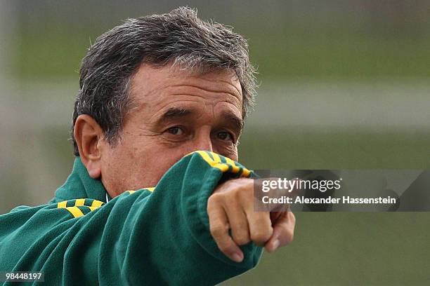 Carlos Alberto Gomes Parreira, head coach of South African national football team gives instructions during a training session of the South African...