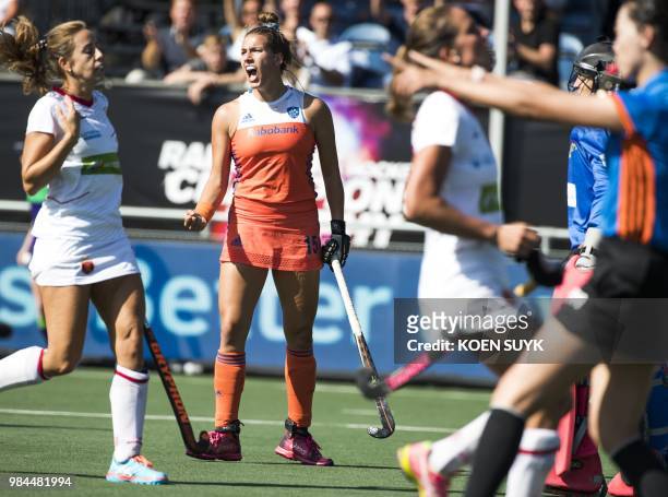 Netherland's Frederique Matla celebrates after her team's second goal during the Womens 4 Nations cup field hockey match between The Netherlands and...