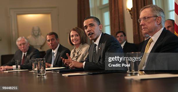 President Barack Obama participates in a bipartisan Congressional Leadership meeting in the Cabinet Room of the White House on April 14, 2010 in...