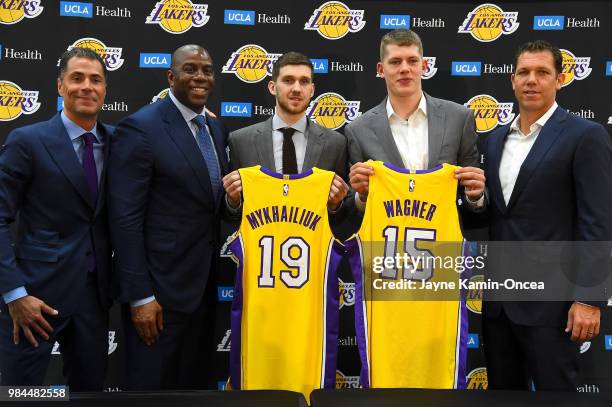 General manager Rob Pelinka, president of basketball operations Magic Johnson, , 2018 NBA draft picks, Moritz Wagner and Sviatoslav Mykhailiuk and...