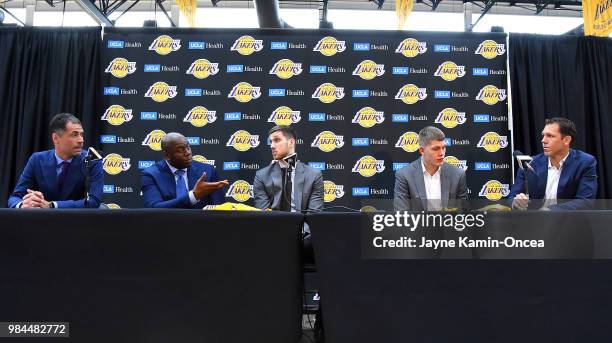 General manager Rob Pelinka, president of basketball operations Magic Johnson, , 2018 NBA draft picks, Moritz Wagner and Sviatoslav Mykhailiuk and...