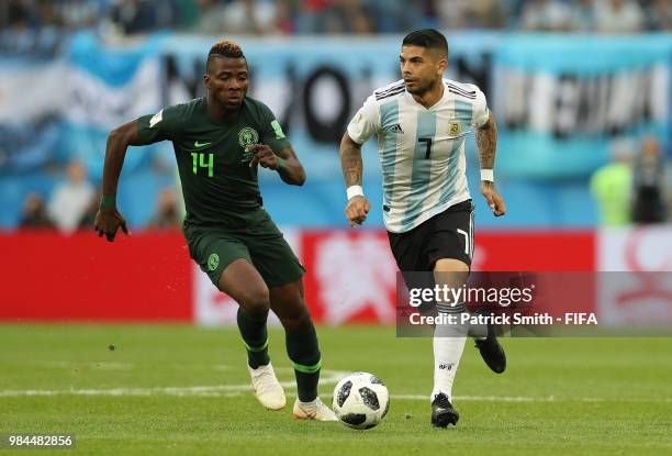 Kelechi Iheanacho of Nigeria closes down Ahmed Musa of Nigeria during the 2018 FIFA World Cup Russia group D match between Nigeria and Argentina at...