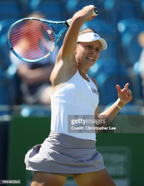 Magda Linette of Poland in action as she beats Petra Martic of Croatia in their Round One match during Day One of the Fuzion 100 Southsea Trophy at...