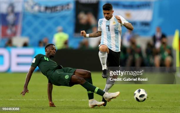 Wilfred Ndidi of Nigeria tackles Ever Banega of Argentina during the 2018 FIFA World Cup Russia group D match between Nigeria and Argentina at Saint...