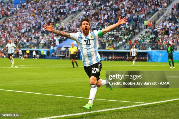 Lionel Messi of Argentina celebrates scoring a goal to make it 0-1 during the 2018 FIFA World Cup Russia group D match between Nigeria and Argentina...