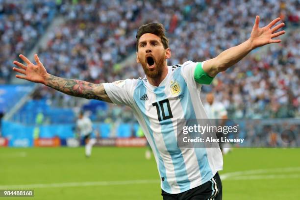 Lionel Messi of Argentina celebrates after scoring his team's first goal during the 2018 FIFA World Cup Russia group D match between Nigeria and...