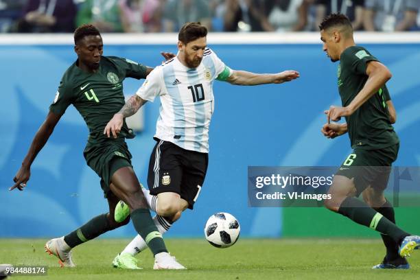 Wilfred Ndidi of Nigeria, Lionel Messi of Argentina, Leon Balogun of Nigeria during the 2018 FIFA World Cup Russia group D match between Nigeria and...