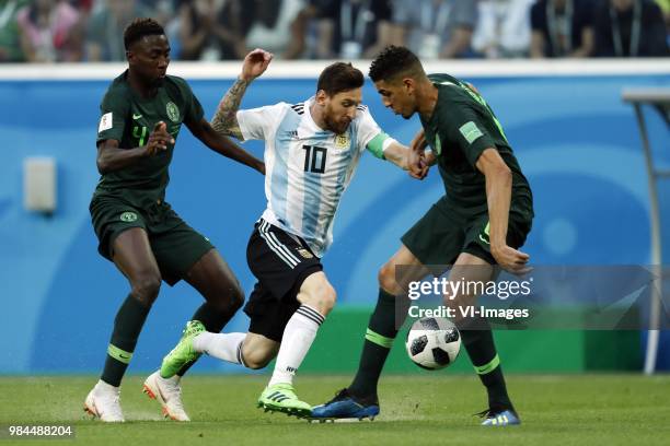 Wilfred Ndidi of Nigeria, Lionel Messi of Argentina, Leon Balogun of Nigeria during the 2018 FIFA World Cup Russia group D match between Nigeria and...