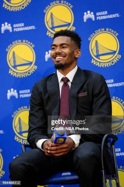 Draft Pick Jacob Evans III talks to the media during the Post NBA Draft press conference on June 25, 2018 at the Golden State Warriors Corporate...