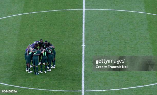 Nigeria forms a huddle prior to the 2018 FIFA World Cup Russia group D match between Nigeria and Argentina at Saint Petersburg Stadium on June 26,...