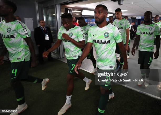 Nigeria players walk on the pitch for warm up prior to the 2018 FIFA World Cup Russia group D match between Nigeria and Argentina at Saint Petersburg...