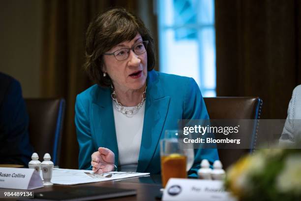 Senator Susan Collins, a Republican from Maine, speaks during a lunch meeting with Republican lawmakers in the Cabinet Room of the White House in...