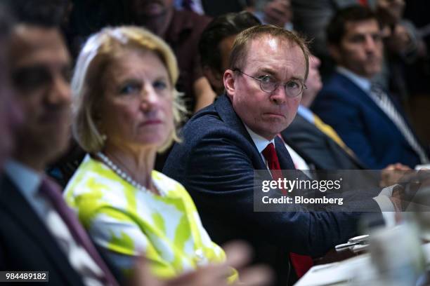 Mick Mulvaney, director of the Office of Management and Budget , right, listens during a lunch meeting with Republican lawmakers in the Cabinet Room...