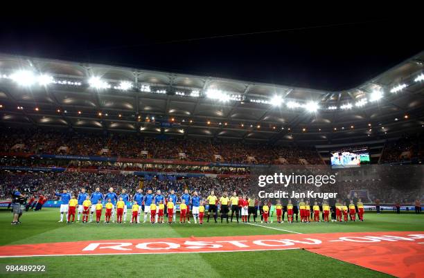 General view inside the stadium as the Iceland and Croatia players line up for the national anthems prior to the 2018 FIFA World Cup Russia group D...