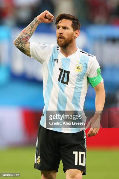Lionel Messi of Argentina celebrates after scoring his team's first goal during the 2018 FIFA World Cup Russia group D match between Nigeria and...
